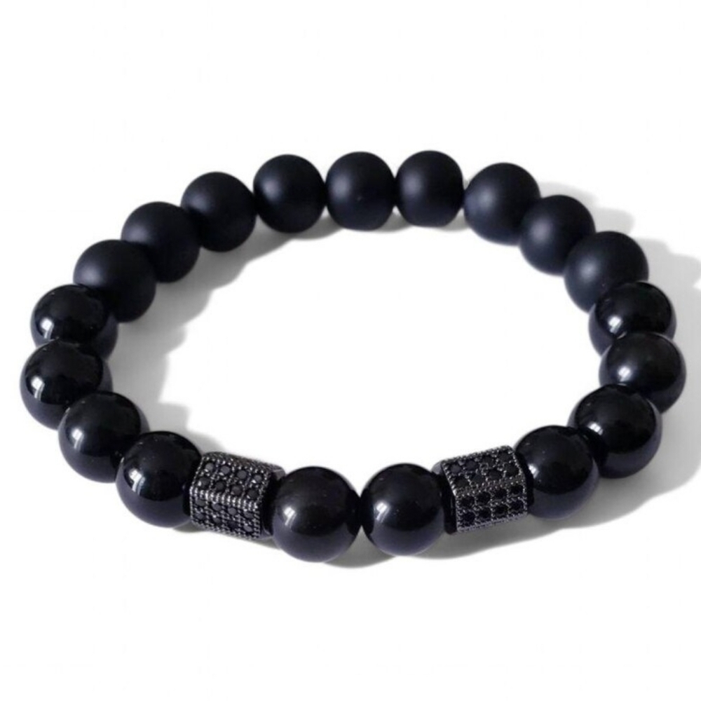 Black Obsidian & Onyx Bracelet: Hematite Lava Stone Charm